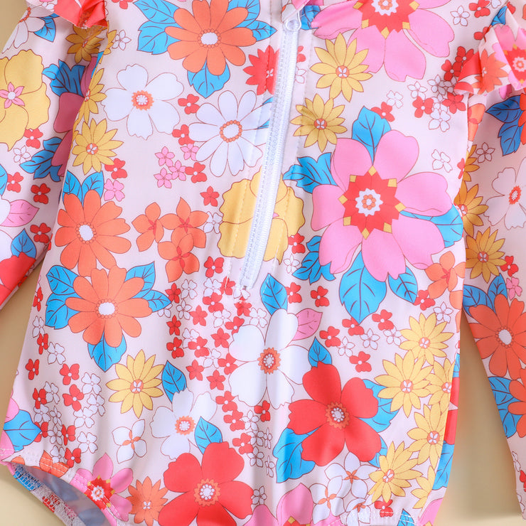 Children's Long Sleeve Flower Print Flounced Sleeve Sun Hat Western Style Sun Protection Beach Swimwear Suit