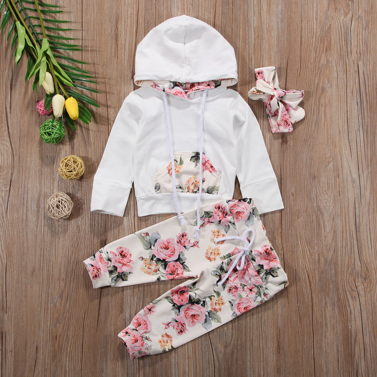 Three-Piece Long-Sleeved Cotton Suit With Printed Pocket And Headband For Babies And Toddlers