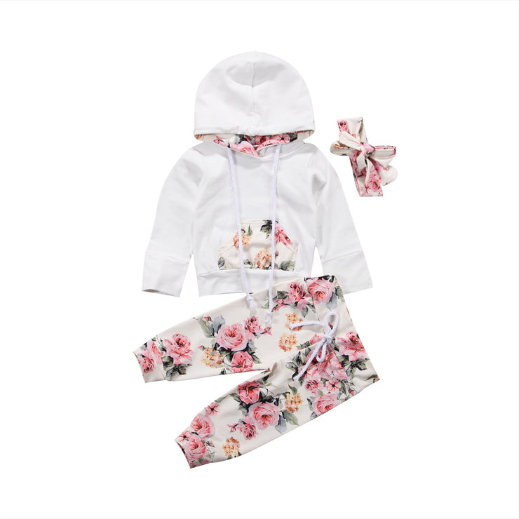 Three-Piece Long-Sleeved Cotton Suit With Printed Pocket And Headband For Babies And Toddlers