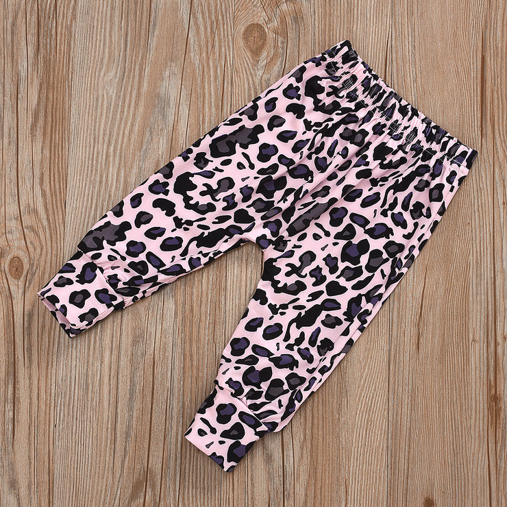 Long Sleeve Letter Print Leopard Print Pants Children's Set