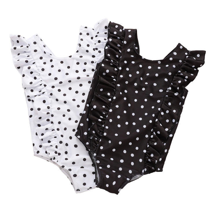 Girls Black And White Polka Dot One-piece Triangle Crawl Swimsuit