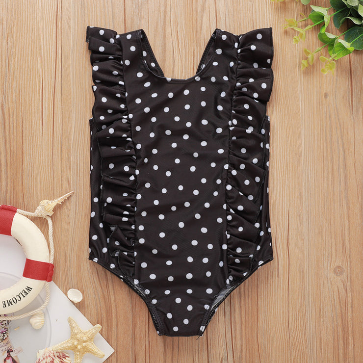 Girls Black And White Polka Dot One-piece Triangle Crawl Swimsuit