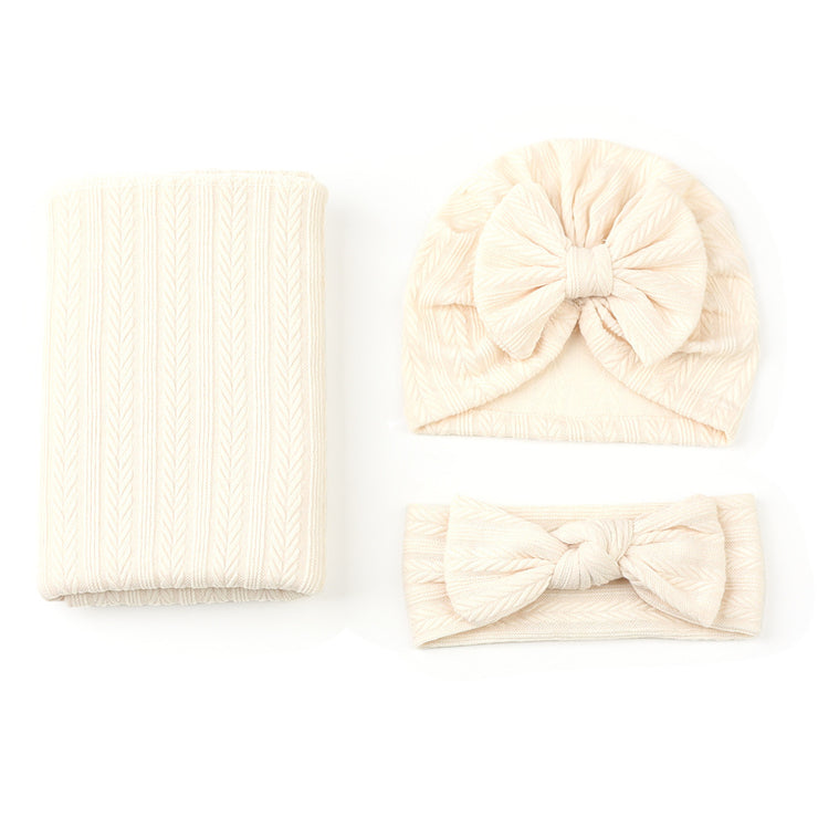 Newborn Polyester Cotton Solid Color Wheat Pattern Wrap Blanket Three-piece Suit