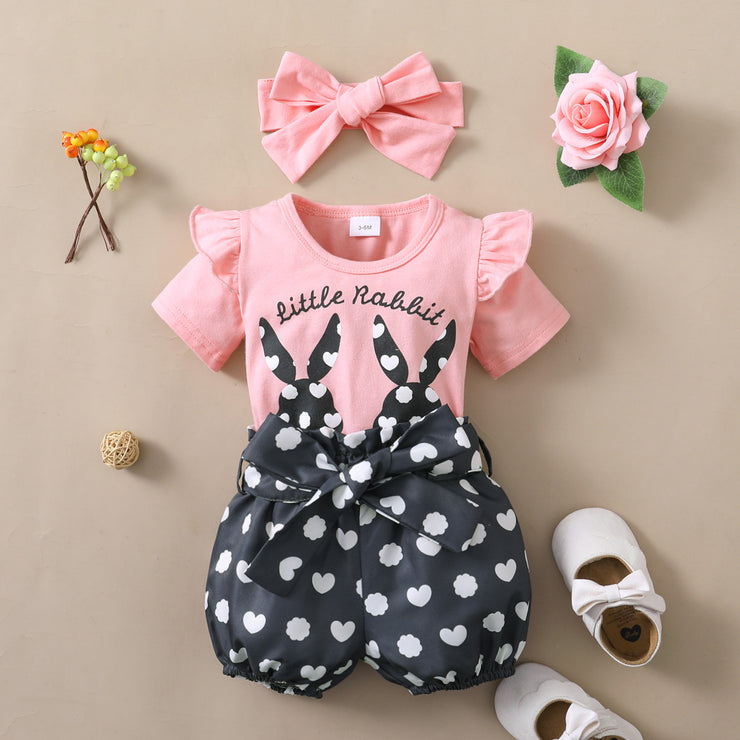 Girls' Spring And Autumn Rabbit Printed Short-sleeved Top Polka Dot Shorts Three Pieces