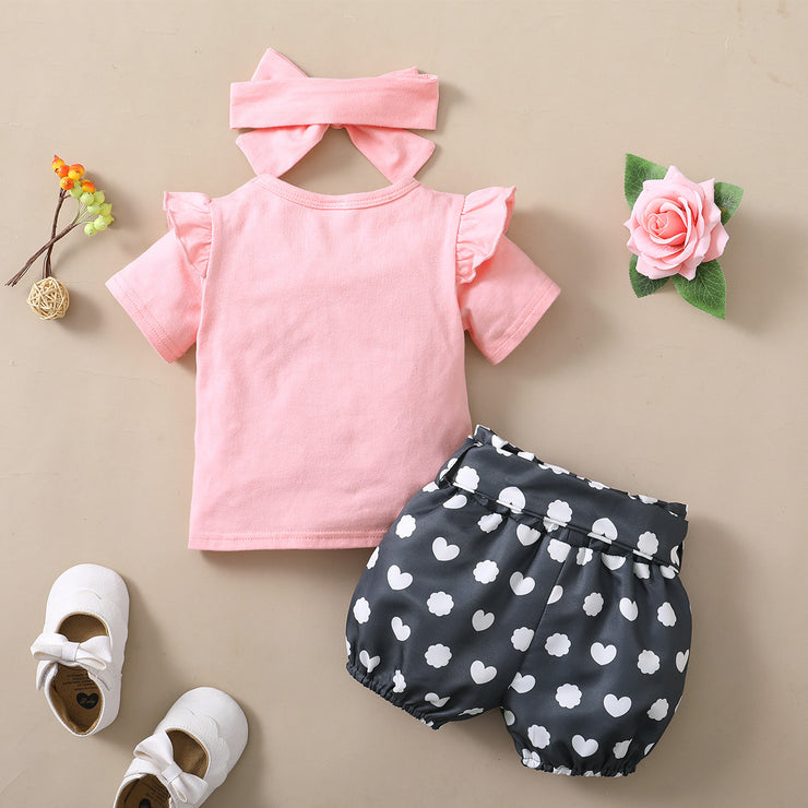 Girls' Spring And Autumn Rabbit Printed Short-sleeved Top Polka Dot Shorts Three Pieces