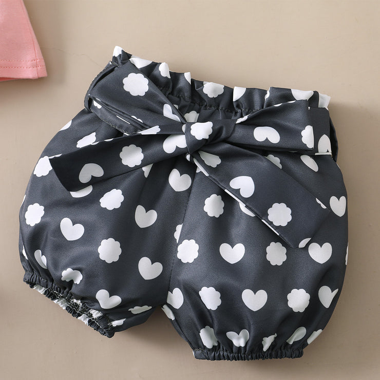 Girls' Spring And Autumn Rabbit Printed Short-sleeved Top Polka Dot Shorts Three Pieces