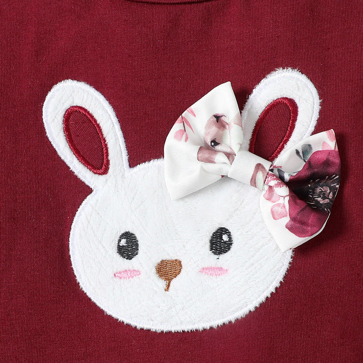 Rabbit Embroidered Flounced Sleeve Romper Top Rabbit Printed Shorts Headscarf