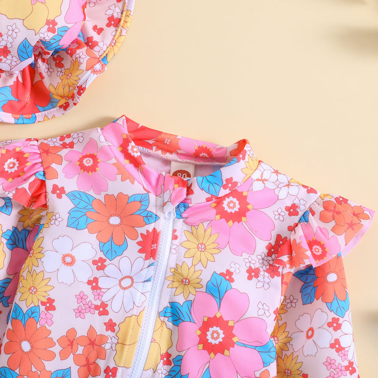 Children's Long Sleeve Flower Print Flounced Sleeve Sun Hat Western Style Sun Protection Beach Swimwear Suit