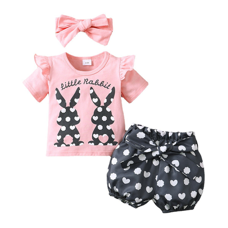 Girls' Spring And Autumn Rabbit Printed Short-sleeved Top Polka Dot Shorts Three Pieces