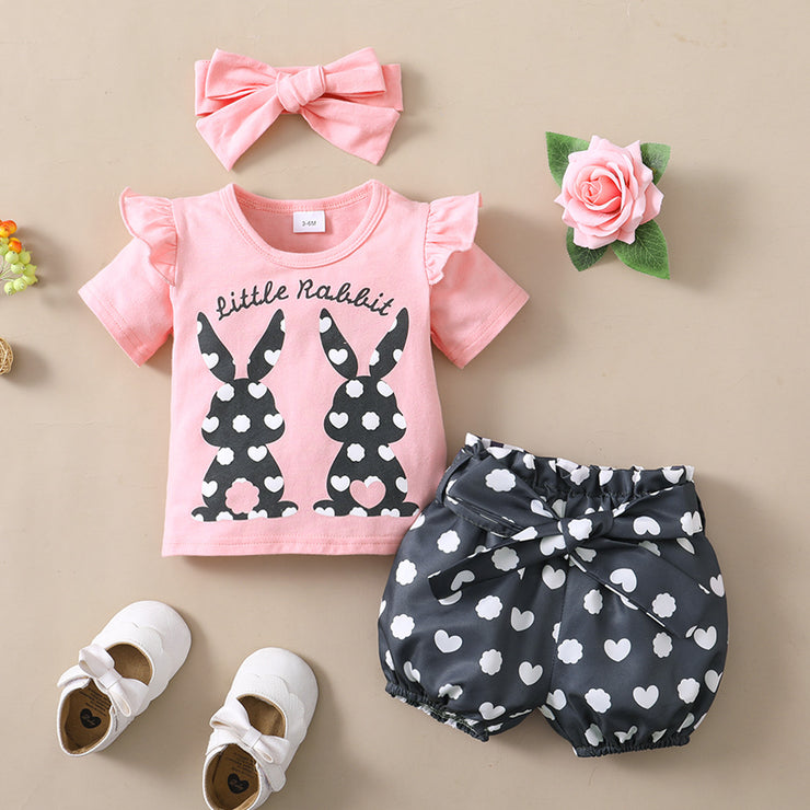 Girls' Spring And Autumn Rabbit Printed Short-sleeved Top Polka Dot Shorts Three Pieces