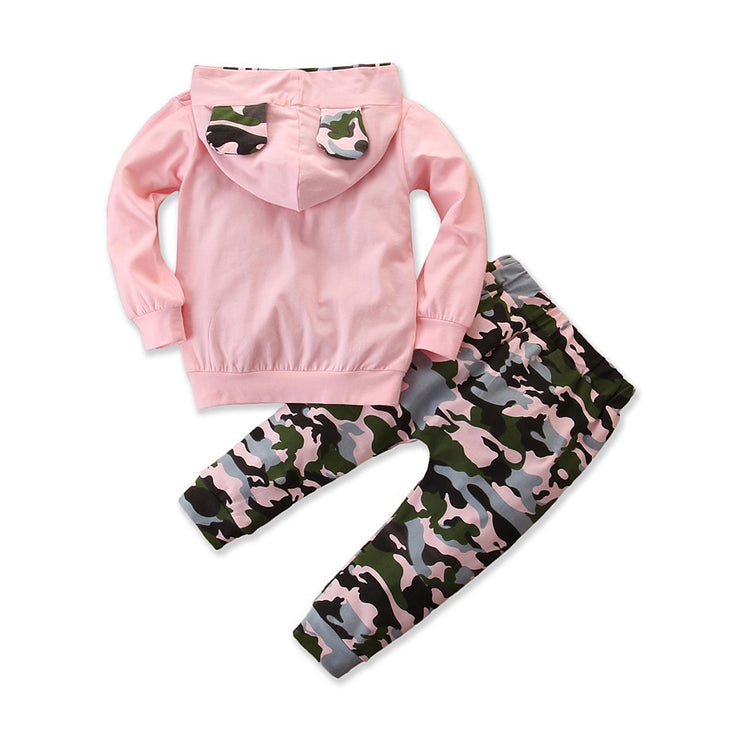 Girls Spring And Autumn Hooded Sweater Small Suit Ins Type Female Baby Camouflage 2 Piece Set