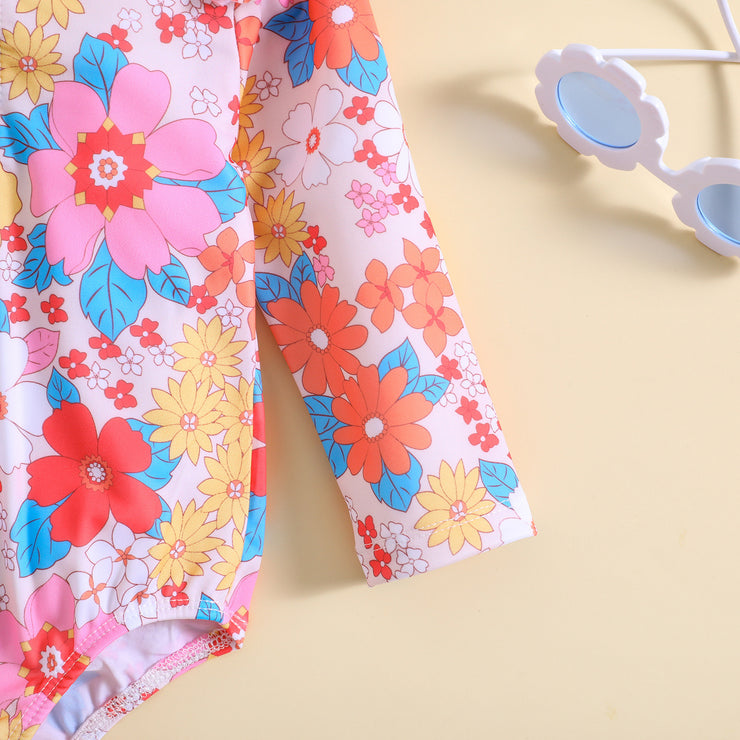 Children's Long Sleeve Flower Print Flounced Sleeve Sun Hat Western Style Sun Protection Beach Swimwear Suit