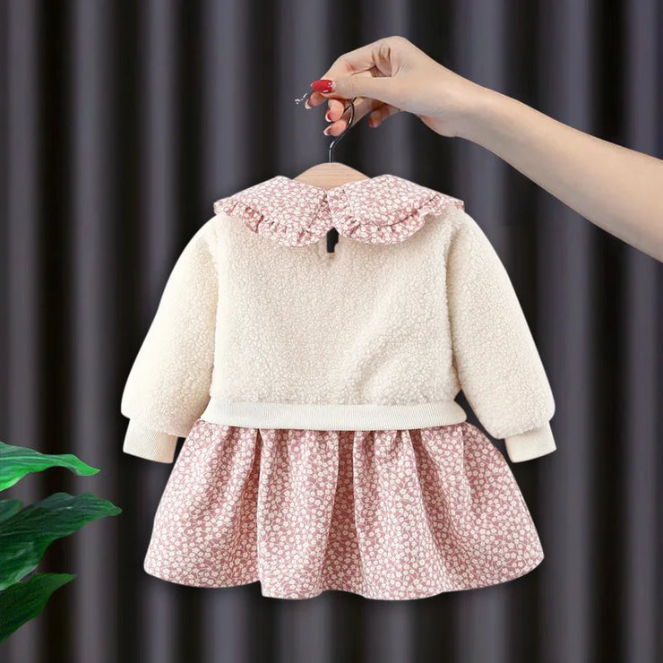 Winter girl's baby clothes dress for newborn 1st birthday lamb wool velvet thick warm floral dresses girls' baby clothing dress