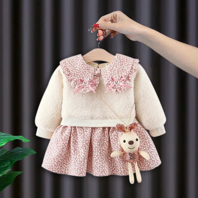 Winter girl's baby clothes dress for newborn 1st birthday lamb wool velvet thick warm floral dresses girls' baby clothing dress