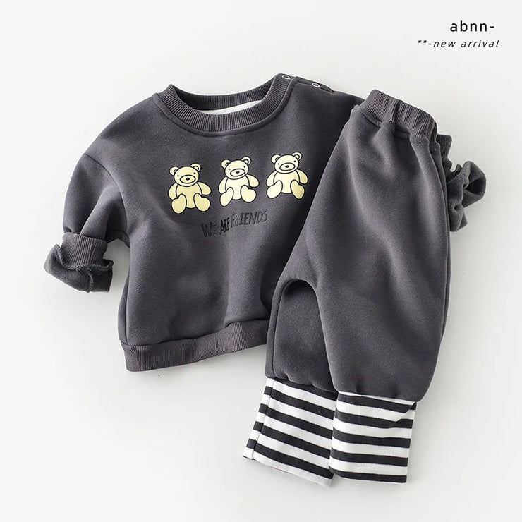 New Baby Clothing Set  Toddler Bear Suits Fur Lining Girls Outfit Casual Hoodie And Pants 2 Pcs Set