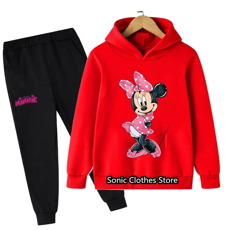 Mickey Minnie Mouse Hoodie Set For Girls Suit Kids Long Sleeve Cartoon 2pcs Set Child Sports Clothing Casual Outfits