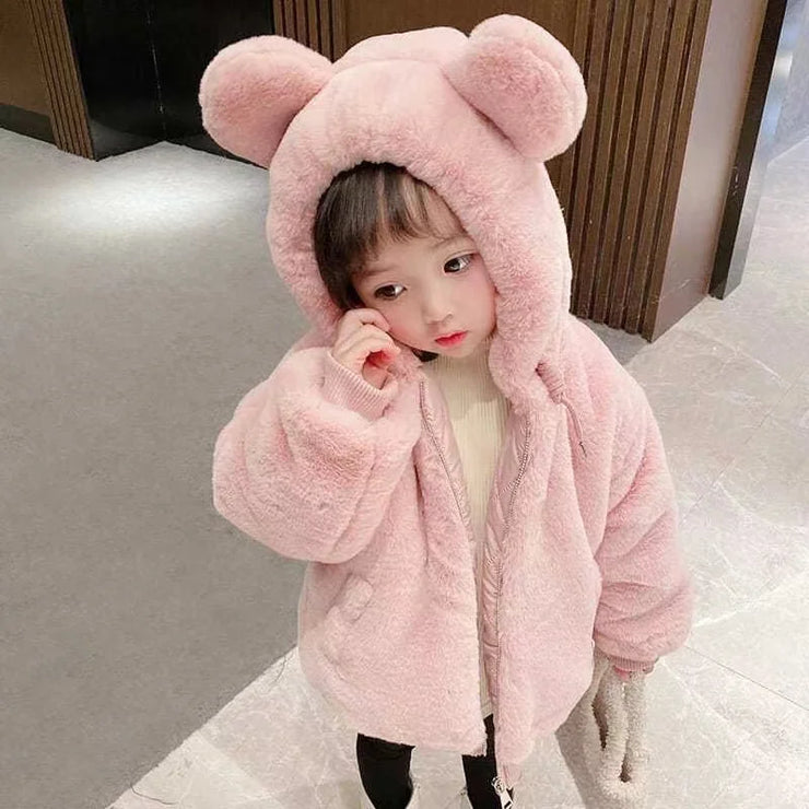 Thickening Winter Baby Girls Jacket Keep Warm Lining Plush Fur Collar With Hooded Coat For Kids Child Outdoor Outerwear