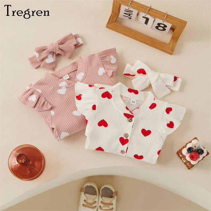 Tregren 0-18M Newborn Baby Girls Romper Sweet Heart Print Long Sleeve Crew Neck Jumpsuit With Bow Knot Headdress Fall Clothing