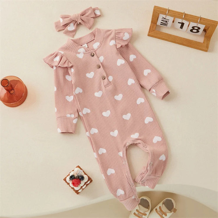 Tregren 0-18M Newborn Baby Girls Romper Sweet Heart Print Long Sleeve Crew Neck Jumpsuit With Bow Knot Headdress Fall Clothing