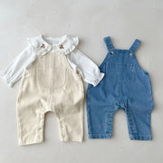 Infant girls' clothing set: embroidered shirt + denim jumpsuit for autumn/spring.