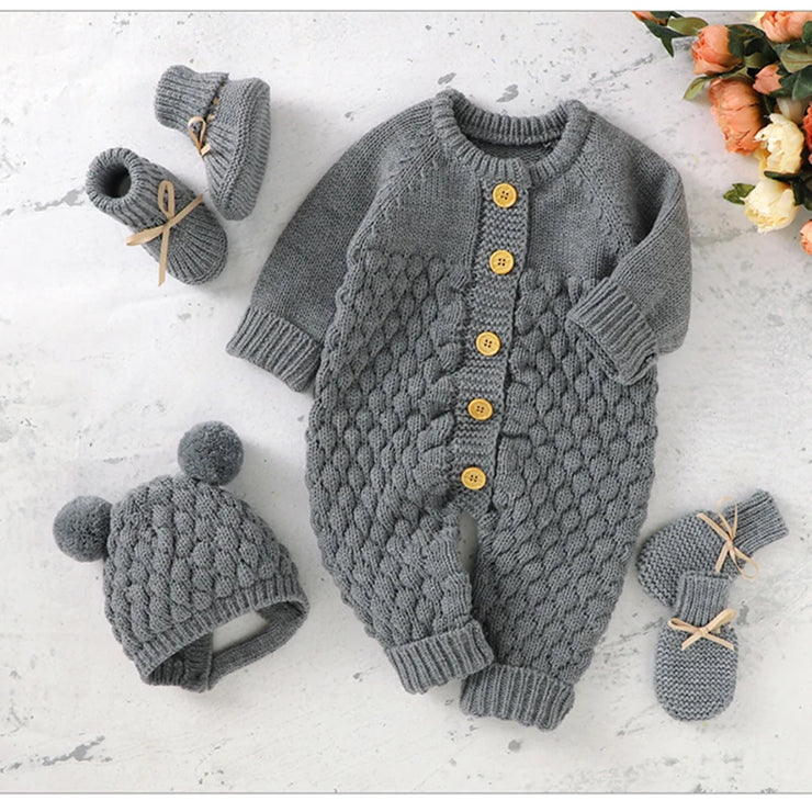 Newborn 4pc Set Knit Girl Boy Jumpsuit Boot Mitten Solid Toddler Infant Long Sleeve Clothing .