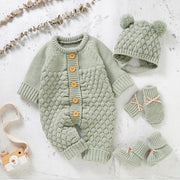 Newborn 4pc Set Knit Girl Boy Jumpsuit Boot Mitten Solid Toddler Infant Long Sleeve Clothing .