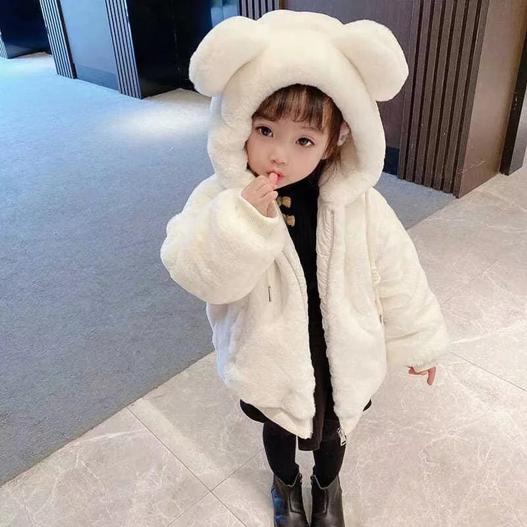 Thickening Winter Baby Girls Jacket Keep Warm Lining Plush Fur Collar With Hooded Coat For Kids Child Outdoor Outerwear