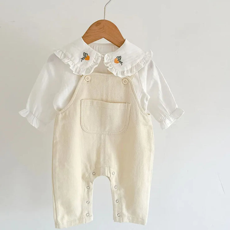 Infant girls' clothing set: embroidered shirt + denim jumpsuit for autumn/spring.