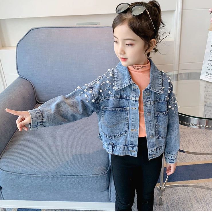 2024 New Fashion Pearls Beading Denim Jacket For Girls Coat Spring Autumn Children's Outerwear 3-10 Years Teenage Girls Clothes