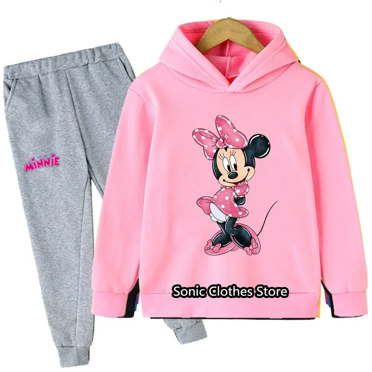 Mickey Minnie Mouse Hoodie Set For Girls Suit Kids Long Sleeve Cartoon 2pcs Set Child Sports Clothing Casual Outfits