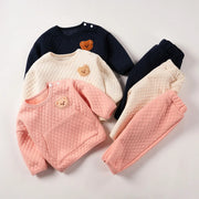 "Cozy Bear-themed baby outfits for autumn-winter."