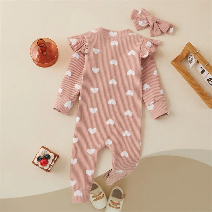 Tregren 0-18M Newborn Baby Girls Romper Sweet Heart Print Long Sleeve Crew Neck Jumpsuit With Bow Knot Headdress Fall Clothing