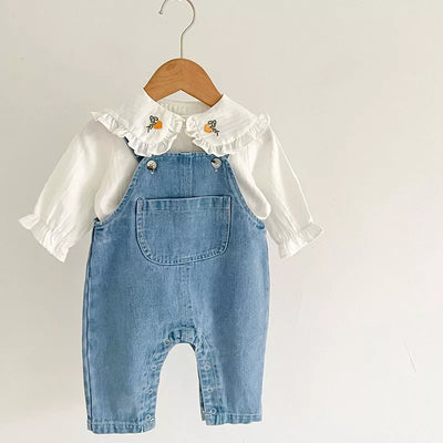 Infant girls' clothing set: embroidered shirt + denim jumpsuit for autumn/spring.