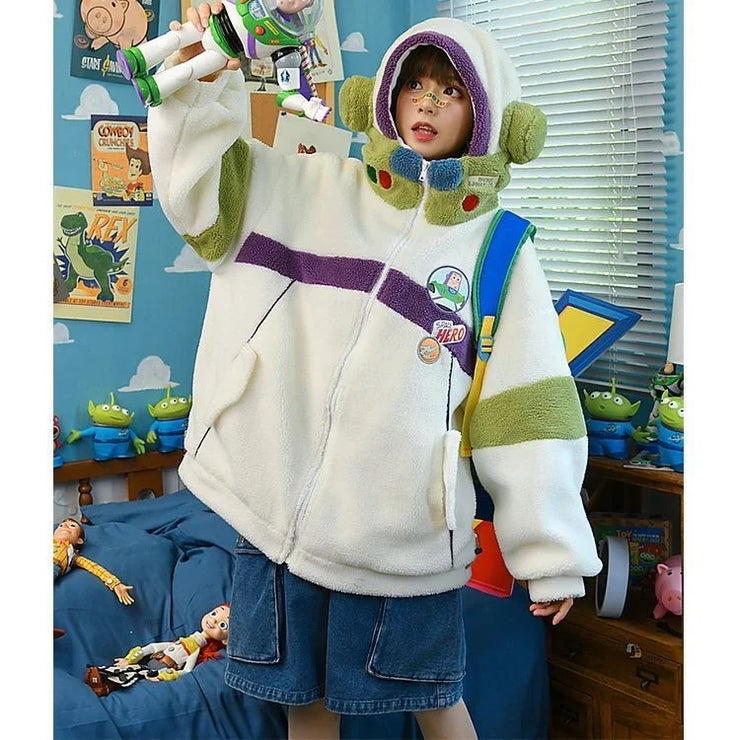 Disney Buzz Lightyear Thickened Hoodie Winter Casual Pullover Boys Girls Harajuku Streetwear Sweatshirts