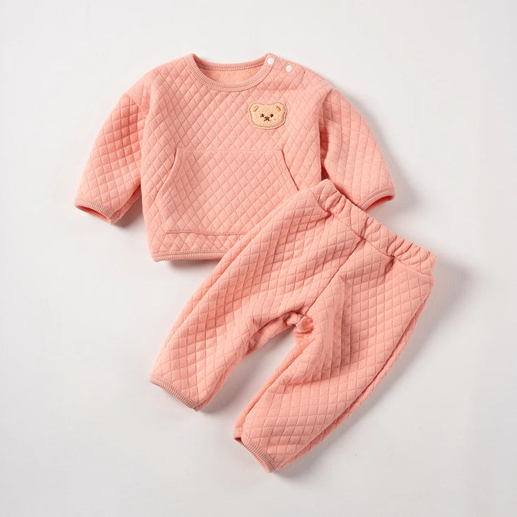 "Cozy Bear-themed baby outfits for autumn-winter."