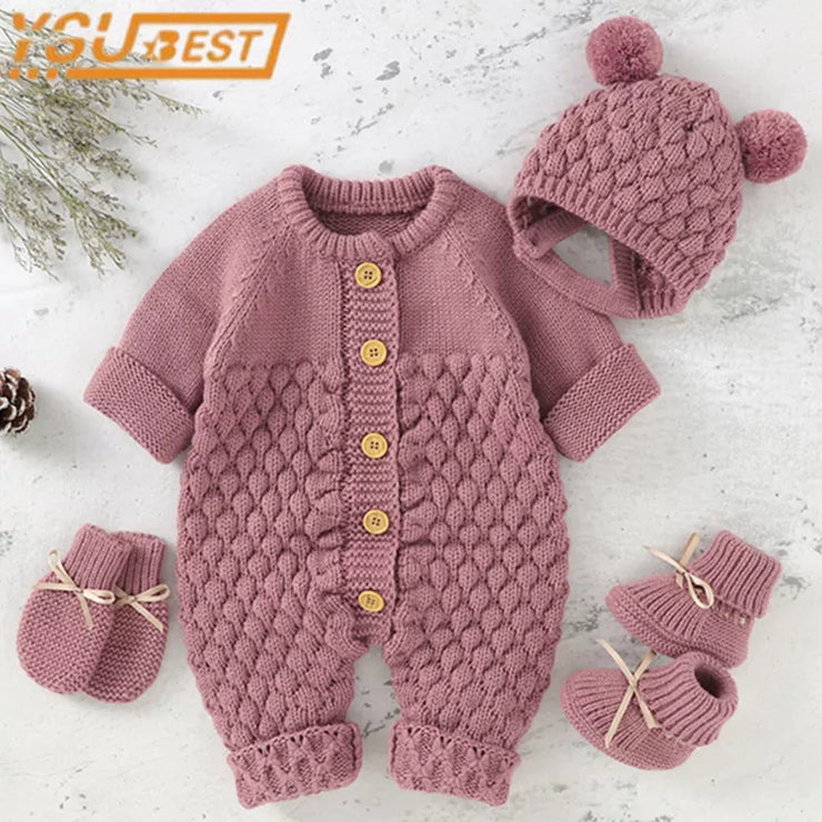 Newborn 4pc Set Knit Girl Boy Jumpsuit Boot Mitten Solid Toddler Infant Long Sleeve Clothing .