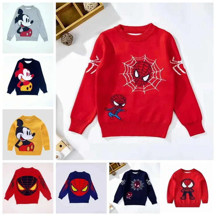 Baby Boys Sweater Autumn Winter Thick Knitted Cotton Tops Cartoon Mickey Mouse Spiderman Print Children Clothing Kid Wear Jacket