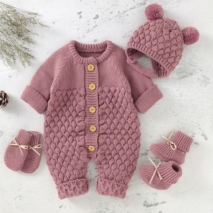 Newborn 4pc Set Knit Girl Boy Jumpsuit Boot Mitten Solid Toddler Infant Long Sleeve Clothing .