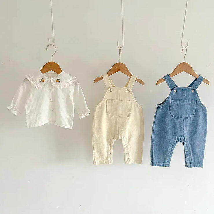 Infant girls' clothing set: embroidered shirt + denim jumpsuit for autumn/spring.