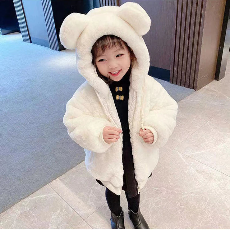 Thickening Winter Baby Girls Jacket Keep Warm Lining Plush Fur Collar With Hooded Coat For Kids Child Outdoor Outerwear