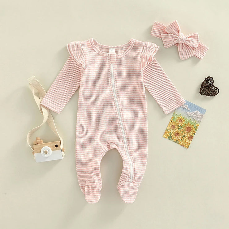 0-9M Newborn Baby Girl Clothes Ruffle Baby Sleeper Zipper Footie Knit Romper Playsuit Jumpsuit with Headband Outfit 2 Piece