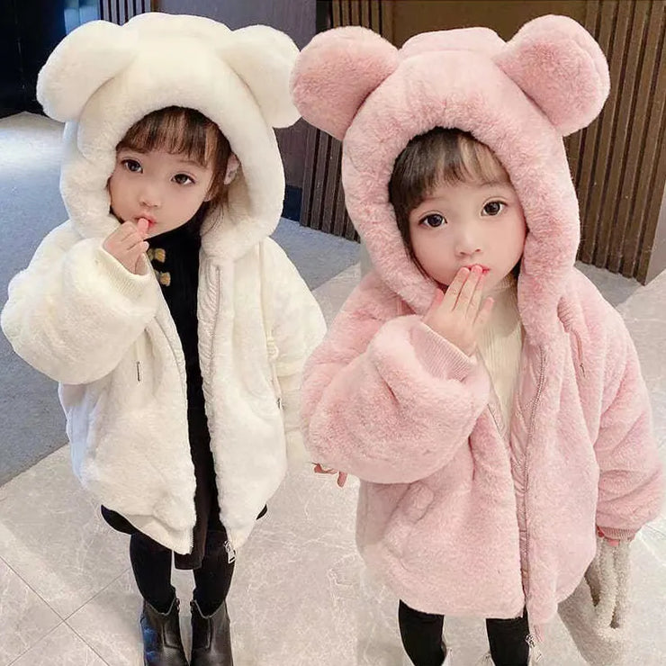 Thickening Winter Baby Girls Jacket Keep Warm Lining Plush Fur Collar With Hooded Coat For Kids Child Outdoor Outerwear