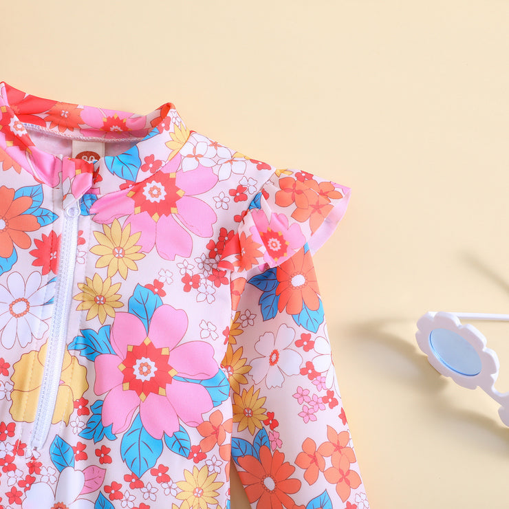 Children's Long Sleeve Flower Print Flounced Sleeve Sun Hat Western Style Sun Protection Beach Swimwear Suit