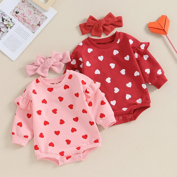 Long-sleeve heart Jumpsuit Two-piece Set with bow