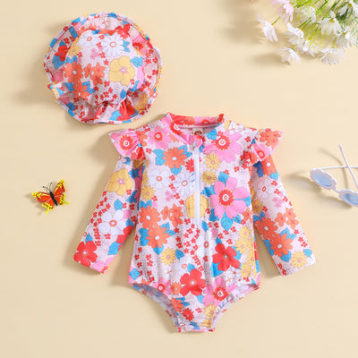 Children's Long Sleeve Flower Print Flounced Sleeve Sun Hat Western Style Sun Protection Beach Swimwear Suit