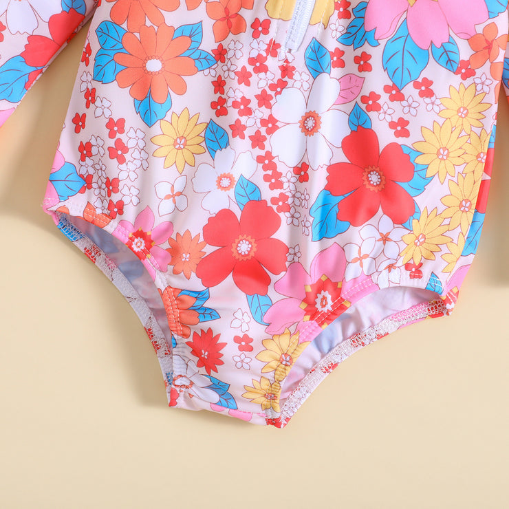 Children's Long Sleeve Flower Print Flounced Sleeve Sun Hat Western Style Sun Protection Beach Swimwear Suit