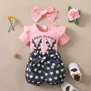 Girls' Spring And Autumn Rabbit Printed Short-sleeved Top Polka Dot Shorts Three Pieces