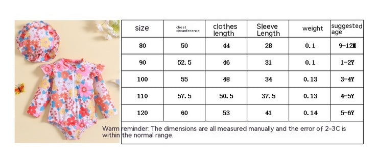 Children's Long Sleeve Flower Print Flounced Sleeve Sun Hat Western Style Sun Protection Beach Swimwear Suit